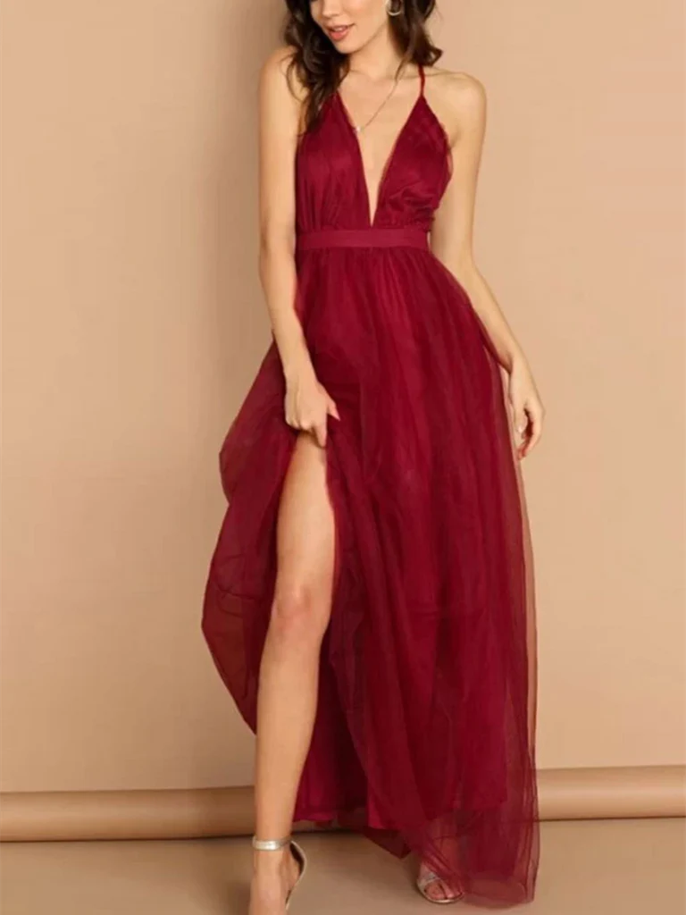 Simple V Neck Backless Tulle Long Prom Dresses Long Formal Evening Dresses